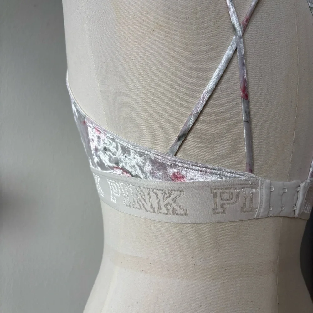 PINK by Victoria’s Secret Velour Floral Racerback Bra XS White Pink - Picture 4 of 10